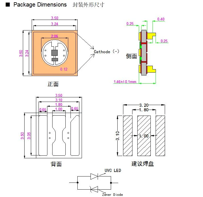 High Quality 2-4MW 8-12MW 15-20MW 3535 SMD UVC Uvac Deep UV 0.5W 1W 3W 265-280nm Bactericidal LED